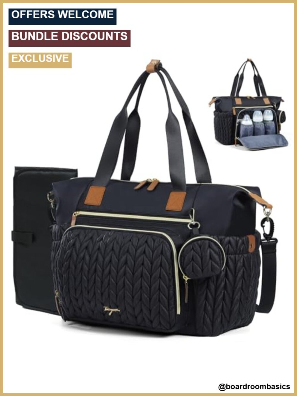 Large Quilted Nylon Diaper Bag Tote with Changing Pad, 16 Pockets